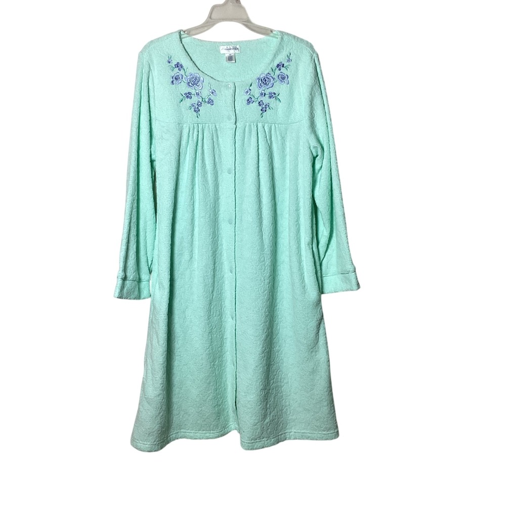 Fundamentals Womens Robe Size Medium Mint Green Floral Snap Front Long Sleeve